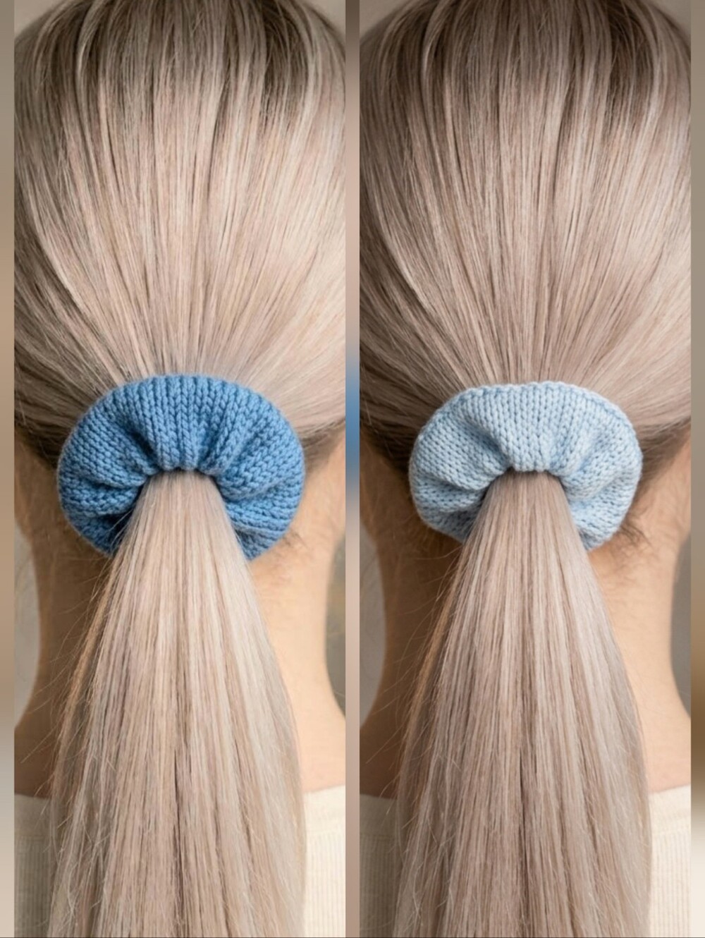 Hand Knit Set Of Two Blue Scrunchies